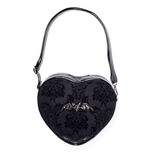 Rock Rebel Damask Heart Shoulder Bag Black with Metal Bat Emblem