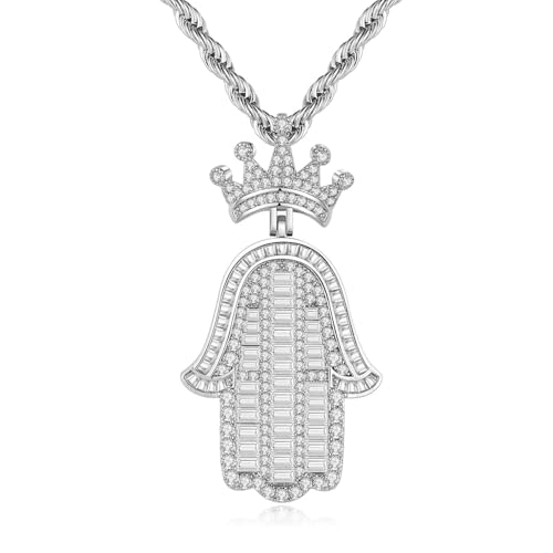 Silver Hamsa Necklace for Men with - 24inch Stainless Steel Rope Chain Iced Out Pendants with Fatima Hand Fashion Hiphop Jewelry Personalized Gift