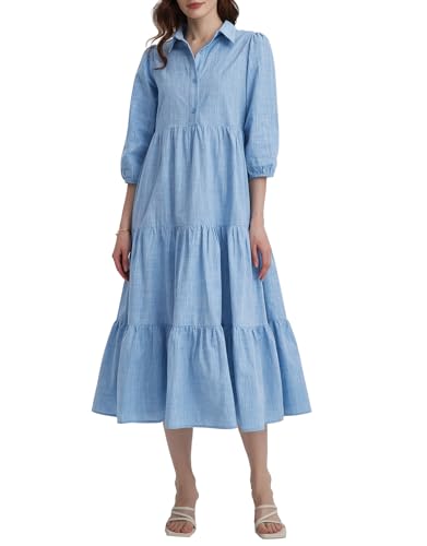 Kedera Womens 3/4 Sleeve Tiered Maxi Dresses Casual Button Down Tie Waist Flowy Shirt Midi Dresses Long Ruffle Sundress