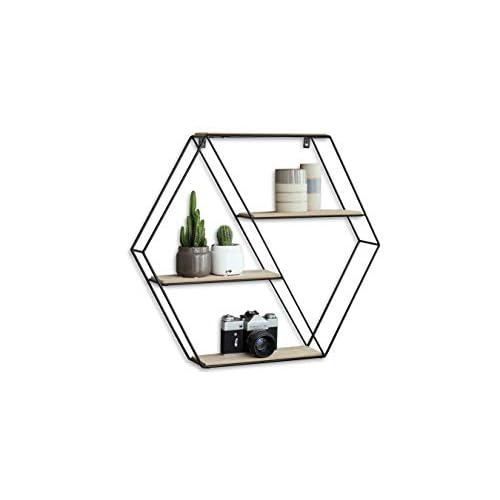 LIFA LIVING Hexagon Wandregal aus Metall und Holz mit 4 Böden, Schwarzes Industrie Gewürzregal mit 4 Etagen, Hängeregal, 58 x 51 x 11 cm