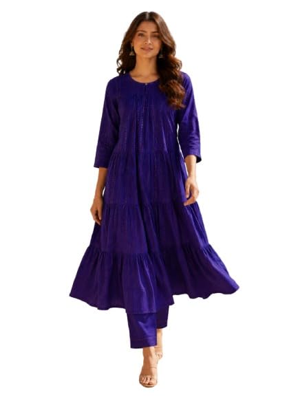 Women Tiered Pure Cotton Kurta with Trousers-image-29