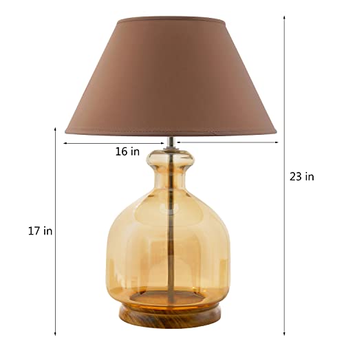 Image of Alper Mini Amber Luster Glass Table Lamp with Beige Cotton Shade | Modern Designer Bedside & Living Room Decorative Table Light (Bulb Included)