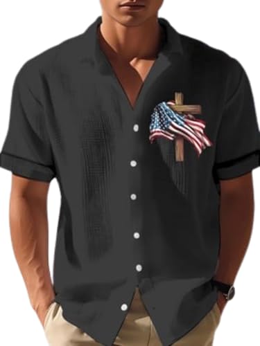 American USA Flag Cross Christian Mens 4th of July Waffle Shirt Faith Tee