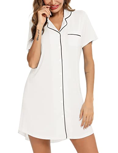 Image of Samring Pajama Nightgown for Women Short Sleeve Button Down Boyfriend Night Gown Nightdress Sleep Shirts