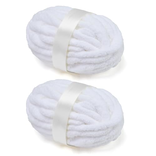 Chunky Chenille Yarn for Crocheting/Arm Knitting Super Soft Jumbo Knit Blanket Yarn White 2 Pack (32 yds 8.5 oz Each Pack)