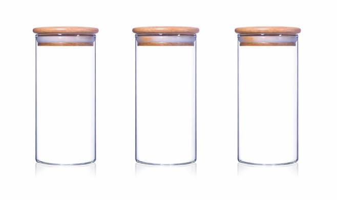 Print Maniacs Glass Storage Jar Set with Bamboo Lid 300ml Airtight Kitchen Container for Sugar Honey Spices Tea Seasoning Clear Glass Canister Pantry Storage Jar Small