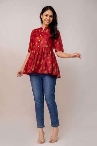 Image of Women's Printed Peplum Top | Ethnic Feather Print Kurti Style Top | Mandarin Collar, 3 /4 Sleeve | Casual & Office Wear for Girls & Women | Maroon