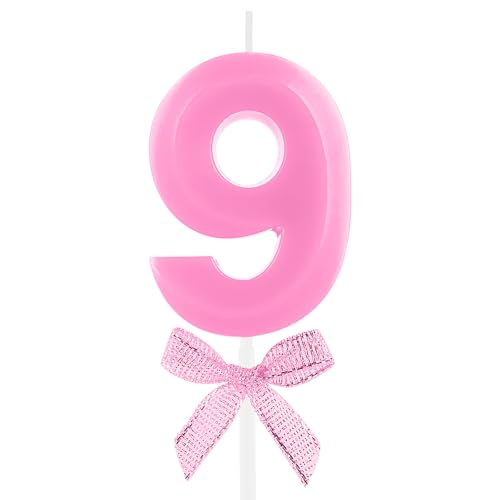 Image of 9th Birthday Candle Pink Bow Number 9 Candles Cake Topper Decorations Happy Birthday for Child Boy Girls Anniversary Celebrations Party Supplies
