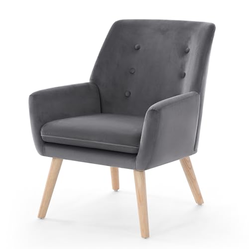 Lamberia Grey Velvet Accent Chair, Mid Century Modern Upholstered Armchair with Button Tufted Back and Wood Legs, Comfy Reading Chair for Living Room, Bedroom, Home Office