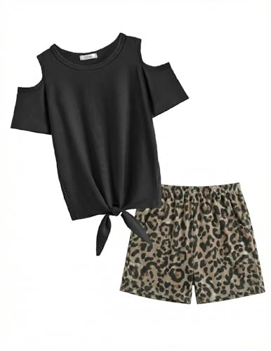 Image of Arshiner Girls Short Sets 2 Pieces Outfits Short Sleeve Tie Knot T-Shirts and Casual Shorts With Pockets Cute Clothes Sets