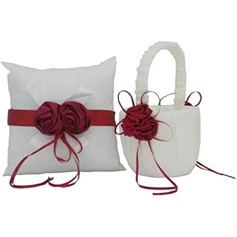 HE ANDI Satin and rose flower decorated wedding flower girl basket+ring pillow.(Height: 8 inches) (red) Cover