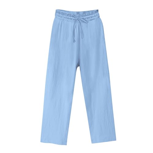 Womens Straight Wide Leg Linen Pants Summer Casual Elastic Waist Palazzo Pant Drawstring Beach Trousers with Pockets