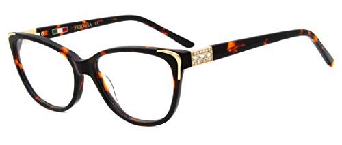 FERAVIA Lunettes de qualité pour femmes Vogue Design Cadres sans prescription avec strass Demi couleur marron Cover