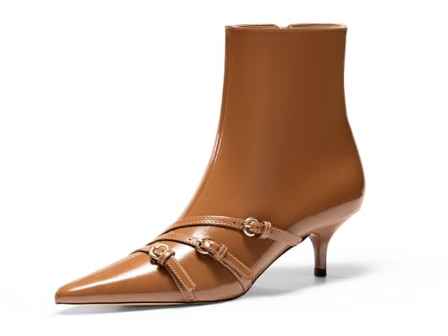 Coutgo Womens Buckle Strap Ankle Booties Kitten Low Heel Pointed Toe Y2K Boots Side Zipper Fall Shoes4