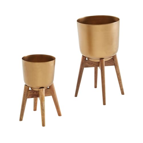 FineBuy Blumentopf 2er Set Metall/Massivholz Pflanzkübel Gold mit Füßen, Pflanzenkübel Rund, Blumenkübel Pflanzgefäß