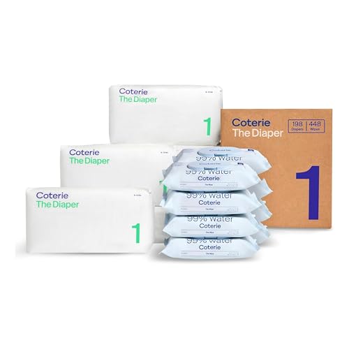 Image of Coterie Baby Wipes + Diapers Kit, Size 1 Diapers (198 Count) & 8 Pack (448 Count) Baby Wipes with 99% Water, Plant Based Materials, Hypoallergenic for Sensitive Skin, Baby Essentials