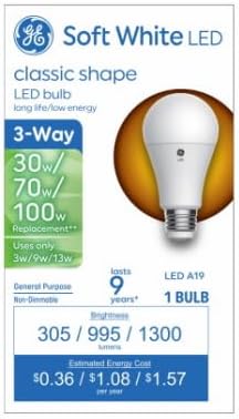 GE 93130562 LED 3-Way Light Bulb, A19 Medium Base, Soft White, 3/9/13 Watt - Quantity 6