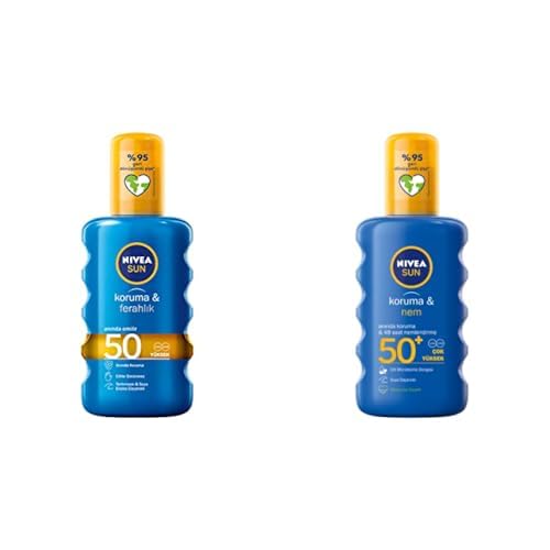 NIVEA Sun SPF 50 Koruma & Ferahlık Transparan Güneş Spreyi (200ml) ve NIVEA Sun SPF 50+ Koruma & Nem Güneş Spreyi, Suya Dayanıklı Nemlendirici Güneş Kremi (200 ml)