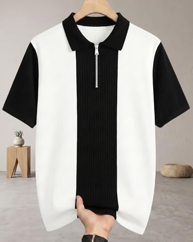 Image of AUSK Women's Zip Neck Polo T-Shirt | Half Sleeve Color Block Smart Casual Top | Ideal for Work, Travel Top for Womens