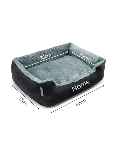 lionto Hundebett mit Wendekissen und Rutschfester Unterseite, Heimtierkissen mit tiefem Einstieg für Hunde und Katzen jeden Alters, 50x37 cm, kuscheliges Hundekissen, schwarz/grau (Namensaufdruck)