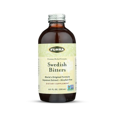 Flora Swedish Bitters - Vegan Digestive Health Supplement - Marias Original Formula - Includes Angelica Root Valerian Root Myrrh Resin & More - Non-GMO & Kosher - 8.5 fl. oz Glass Bottle