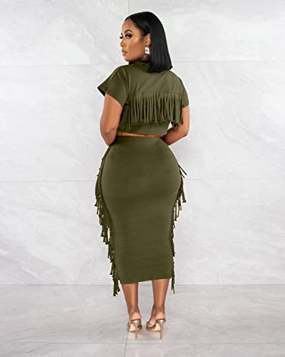 Image of YUEWOO 2 Piece Outfits for Women Sexy Crop Top Ruched Bodycon Maxi Dresses Fringe Skirt Sets Night Club Jumpsuits