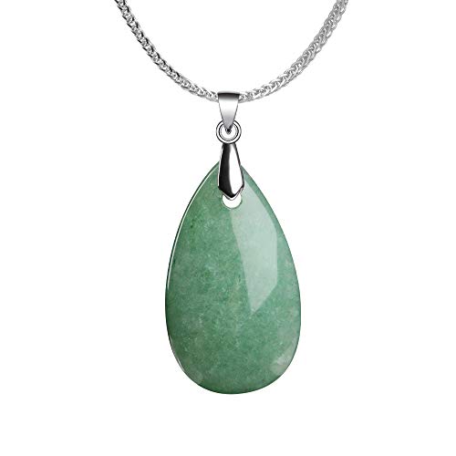 iSTONE 925 Sterling Silver Natural Gemstone Green Aventurine Water Drop Shape Ladies Pendant Necklace, Gemstone Birthstone with 18" Silver Chain