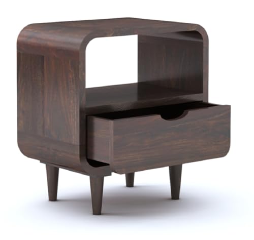 Image of Sheesham Wood Bedside Table with One Drawer and Open Shelf Stoarge for Bedroom Living Room Office Furniture End Table, Nightstand, Sofa Side Table (Walnut Finish)