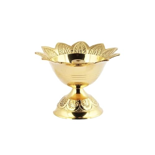 Shubhkart Brass Oil Lamp for Puja/ Burner/ Diya for Diwali Pooja | Indian Pooja Oil Lamp Golden Diya Lamp 3 Devas Diya | Engraved Floral Design
