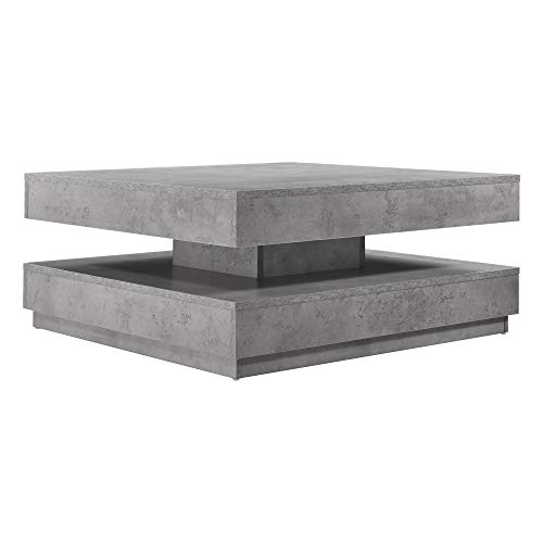 [en.casa] Mesa de Centro Florenz Mesa Baja Cuadrada con Tablero Giratorio y Estante Mueble Auxiliar Mesita para Salón 76 x 76 x 38 cm - Efecto hormigón