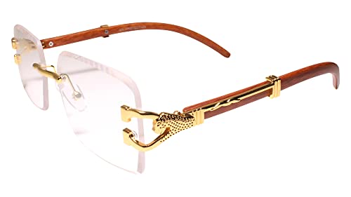 Look Rich Leopard Decor Faux Wood Gold Temple Rimless Hip Hop Clear Lens Glasses2