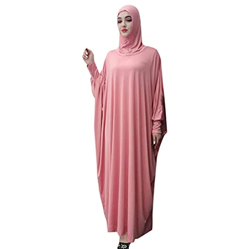 Women's Solid Muslim One-Piece Prayer Dress Muslim Abaya Dress Islamic Maxi Abaya Kaftan with Hijab Full Length Dress Pink
