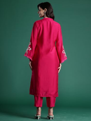 Image of INDO ERA Women's Red Embroidered Silk Blend Straight Co-Ord Set (IESTR6841)