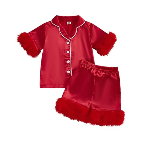 Little Girls Summer Pajama Sets Short Sleeve Lapel Button Up Plush Cuff Shirt Shorts Sleepwear