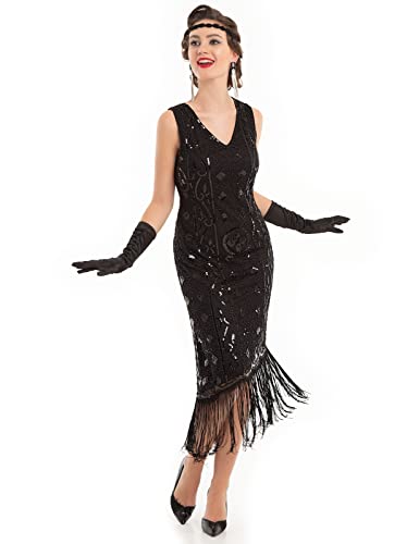 PrettyGuide 1920s Gatsby Sequin Flapper Dress - Art Deco V-Neck Fringe Cocktail Dress For Parties