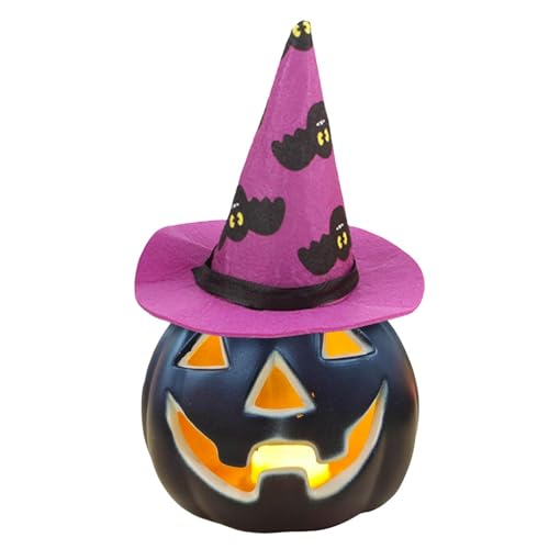 Luci di zucca di Halloween con cappello da strega Jack O lanterna, decorazioni in plastica, statua di zucca ornamentale da tavolo, lanterna alimentata a batteria, decorazione vintage per casa, ufficio