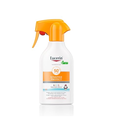 Eucerin Sun Kids Sensitive Protect Spray Trigger FPS50+ (250 ml), crema de sol con filtros UV, protector solar infantil en spray resistente al agua, protección solar para pieles sensibles