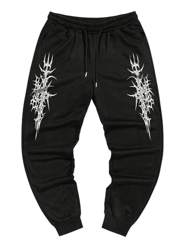VIPWOLF Men's Y2K Sweatpants Skull Letter Print Drawstring Waist Graphic Sweatpants Jogger Pants Black Gothic Large