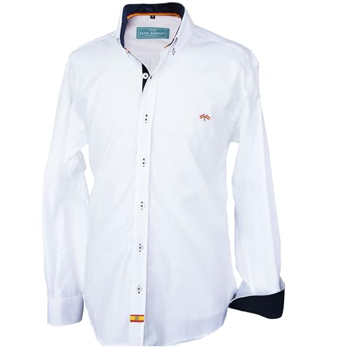 Pi2010 Camisa Bandera de España Hombre Blanca con Marino, Fabricado en España, Talla L