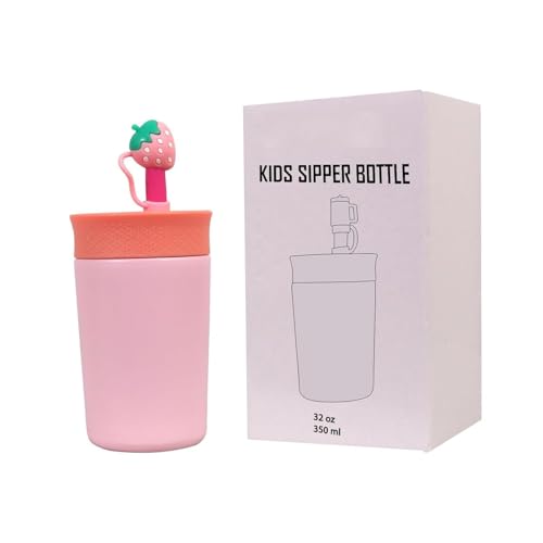 Image of LHOTSE Kids Sipper Bottle for Toddlers with Straw Lid, BPA Free Leak Resistant Training Cup, Easy Grip Design Cute Strwberry Cap for School Travel (Light Pink , 350 ml)