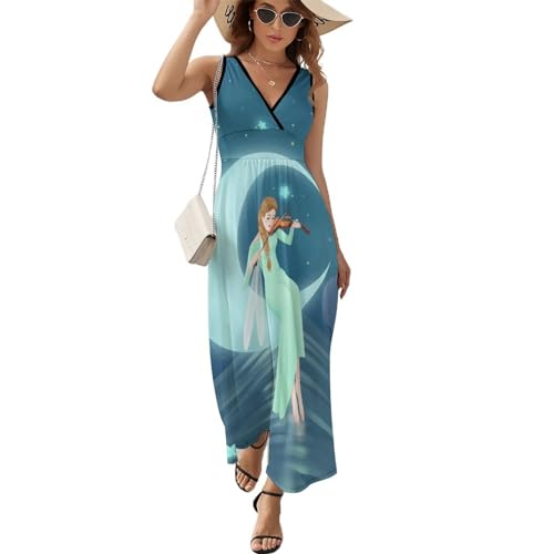 Robe maxi col V sans manches en tissu fluide imprimé ciel étoilé