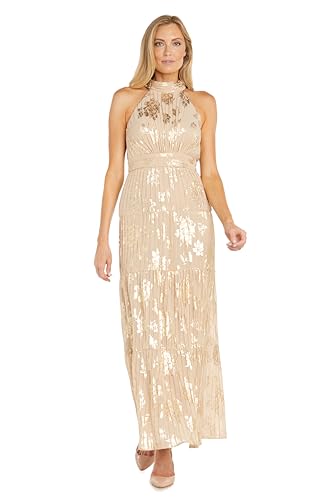 R&M Richards Women's Foil Pleated Jacquard Halter Chiffon Dress, Tiered Evening Gown for Wedding Guest, Cocktail Party Champagne