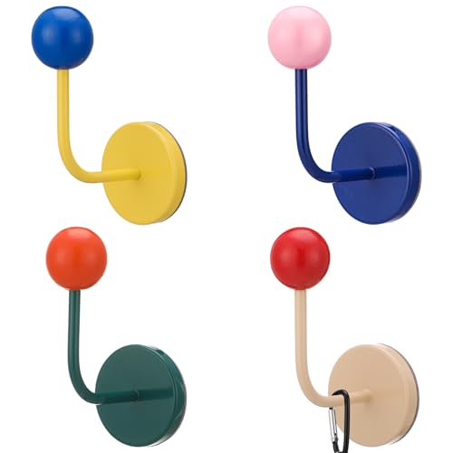 Novabright 4 Pcs Colorful Metal Hooks Adhesive Coat Hanger Decorative Hooks for Bedroom Nursery Key Hat Hanging Rack(Bright Color)