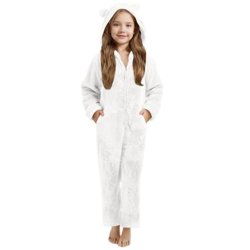 Pijama para Niñas con Capucha Orejas de Gato Peluche y Engrosamiento Mono de Cuerpo Entero con Cremallera Mullido Suave Monocolor, Ropa Polar para Niñas 3-12 Años