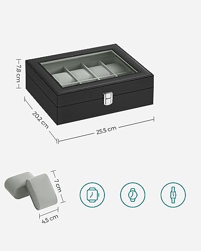 Image of SONGMICS Watch Box with 10 Slots, Watch Case with Glass Lid, Watch Display Box with Removable Watch Pillows, Metal Clasp, Gift Idea, Black Synthetic Leather, Greenish Grey Lining JWB010BK