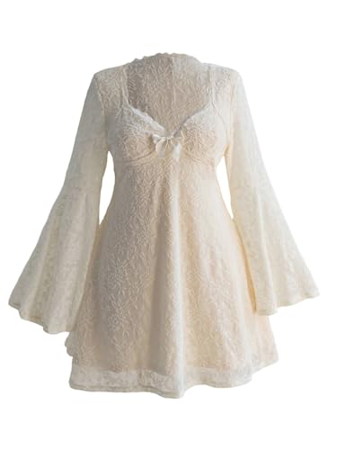 BEAUDRM Women's Y2k Plus Size Hippie Vintage Boho Dress Leopard Bell Long Sleeve V Neck Bow Mesh Goth Mini Dresses White X-Large Plus