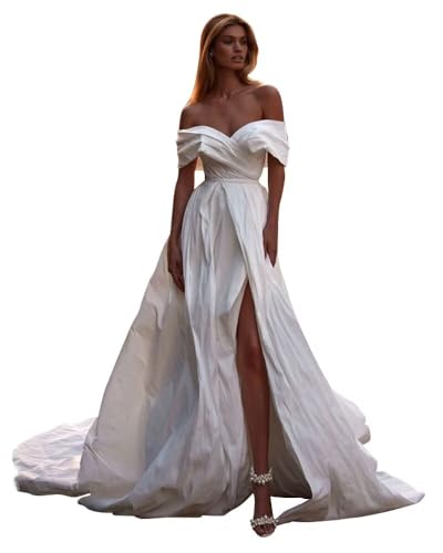 yiuwiod Sleeveless Boho Beach White Wedding Dress for Bride A Line Off Shoulder Satin Tie Back Open Back Plus Size Wedding Gowns with Train 2026 US18W