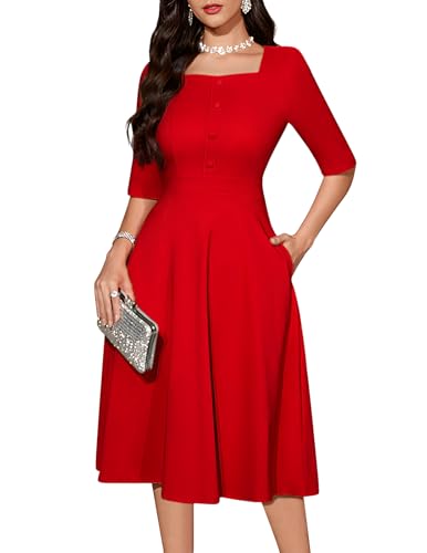 Bbonlinedress Rotes Kleid Damen Vintage Retro Rockabilly Kleider 3/4 arm midilang festliches Cocktailkleid Abendkleider elegant für Hochzeit Red M