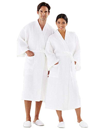 Boca Terry Robe Unisex White Lightweight Waffle Design Kimono Bathrobe 48" Length 17" Sleeve One Size Fits All