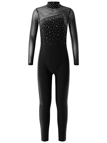 CHICTRY Turnanzug Ganzkörper Kinder Mädchen Ärmellos Langarm Sportbody Gymnastik Gymnastikanzug Turnen Strass Glitzer Trikot Rückenfrei Bodysuit Dancewear Z_Schwarz A 158-164 Cover